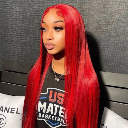 Hot Star 613 Blonde & Neon Red Human Hair Wig, 180% Density, 13×6 HD Transparent Lace Front, Glueless Brazilian Hair with Pre-Plucked Hairline, Available in Straight and Body Wave Styles