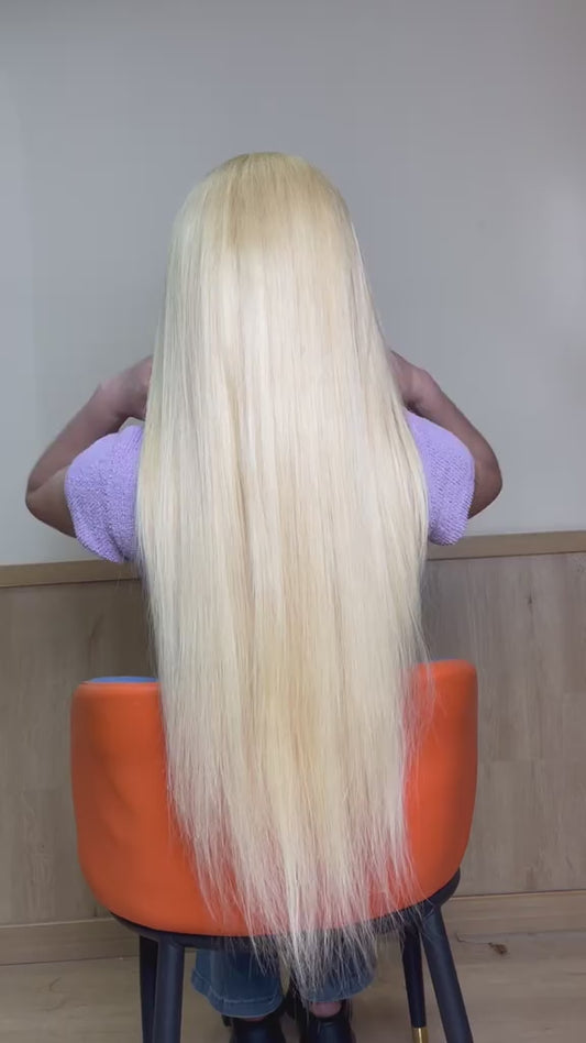Hot Star 613 Blonde & Neon Red Human Hair Wig, 180% Density, 13×6 HD Transparent Lace Front, Glueless Brazilian Hair with Pre-Plucked Hairline, Available in Straight and Body Wave Styles